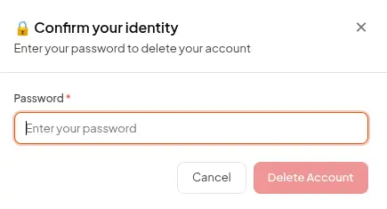Confirm your identity modal with an empty password field and a red Delete Account button