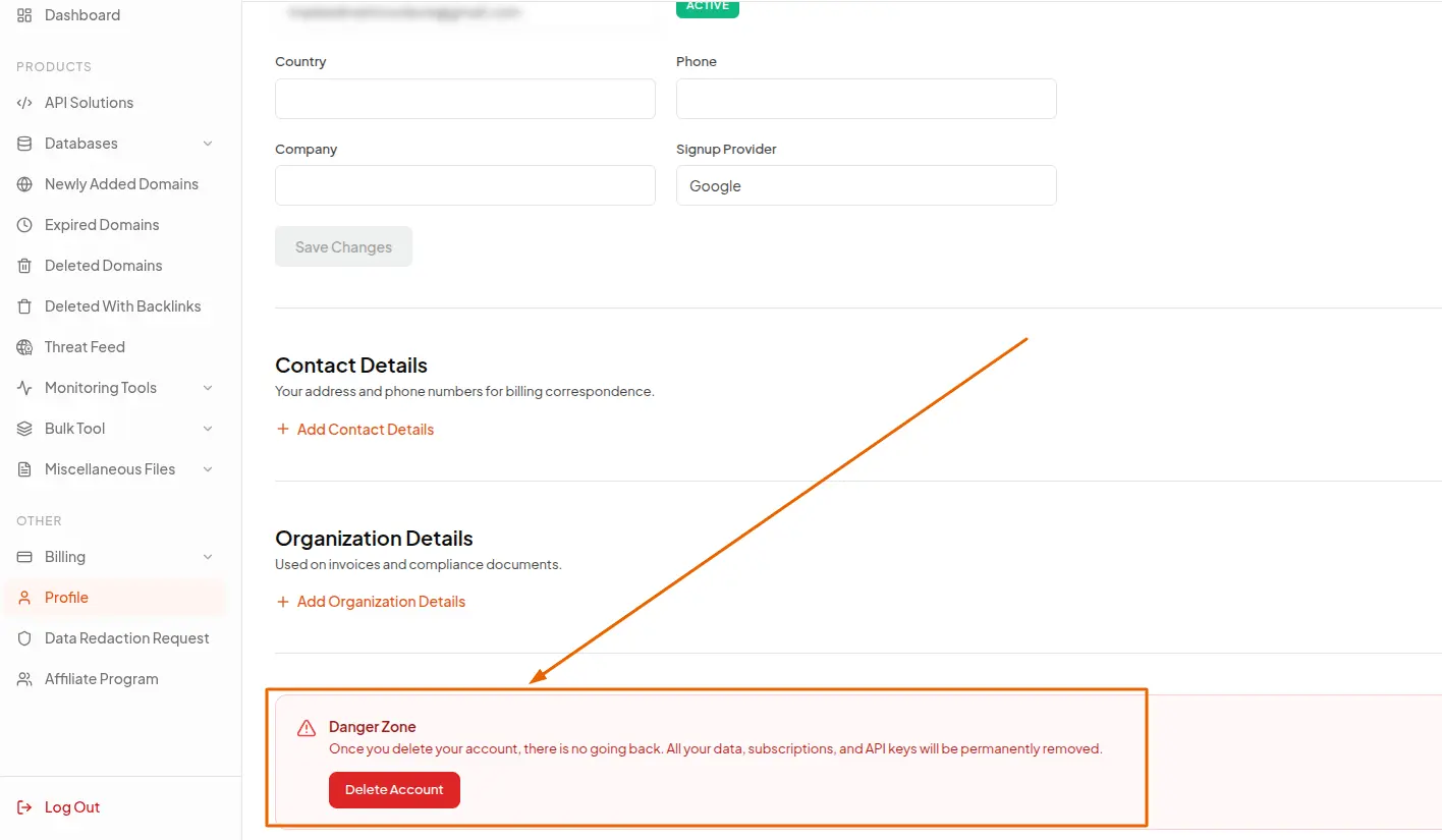 Red-bordered Danger Zone panel with the warning that account deletion is permanent and a Delete Account button