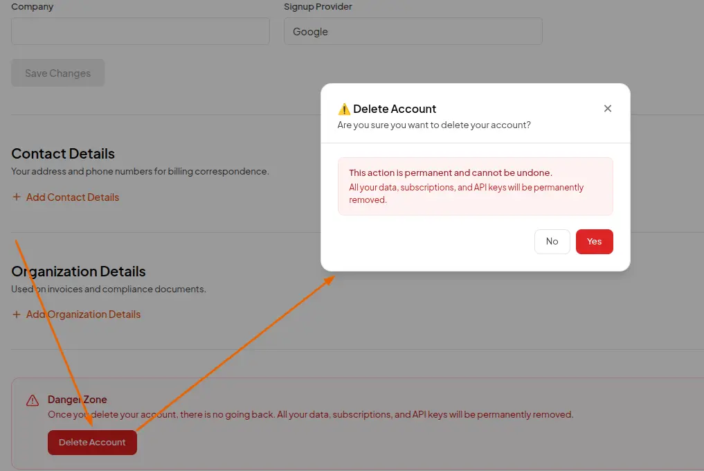 Delete Account confirmation modal asking Are you sure you want to delete your account, with No and Yes buttons