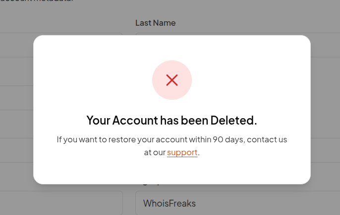 Your Account has been Deleted confirmation screen with a red countdown ring and a link to contact support to restore within 90 days