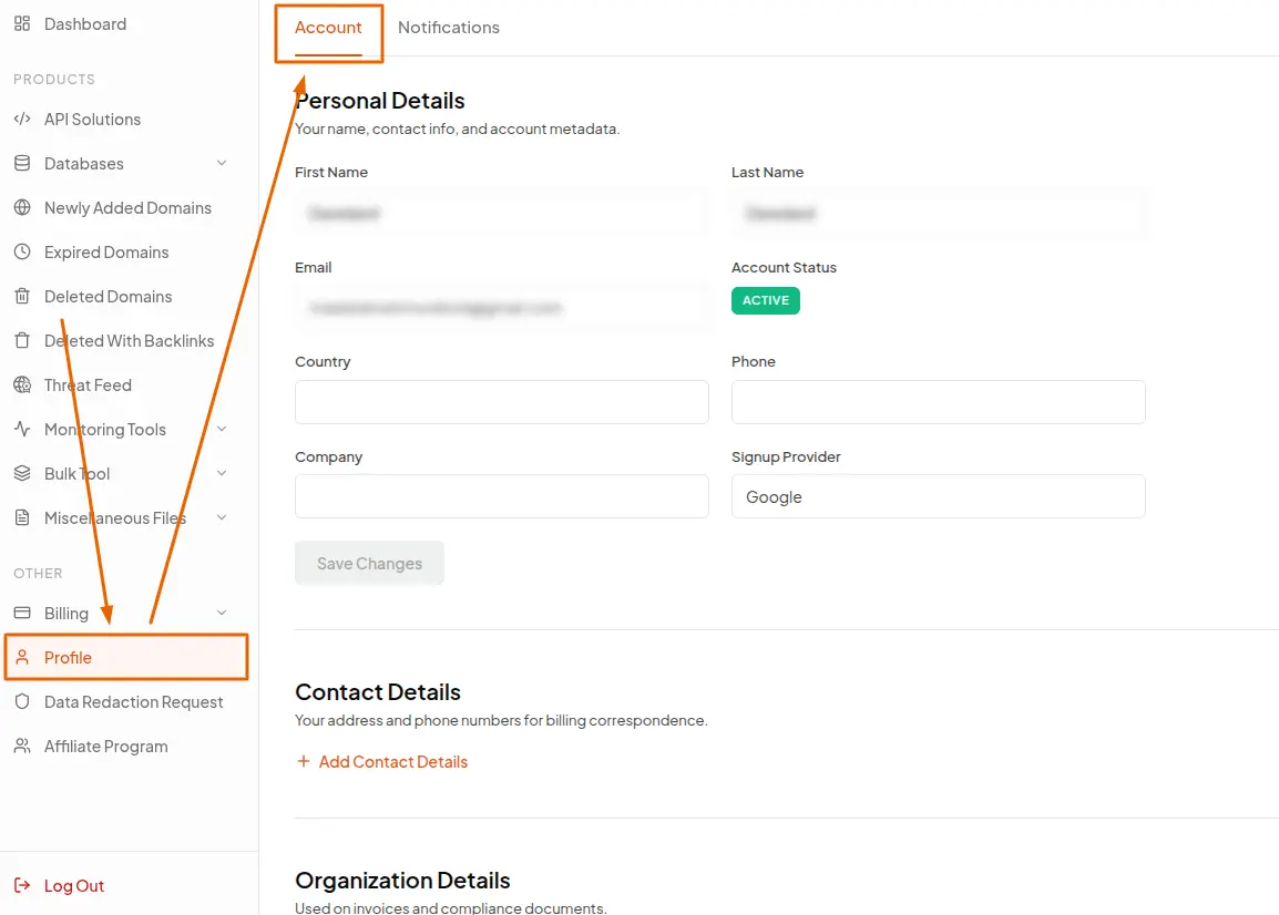 WhoisFreaks dashboard Account page under the Profile tab showing personal and billing detail fields