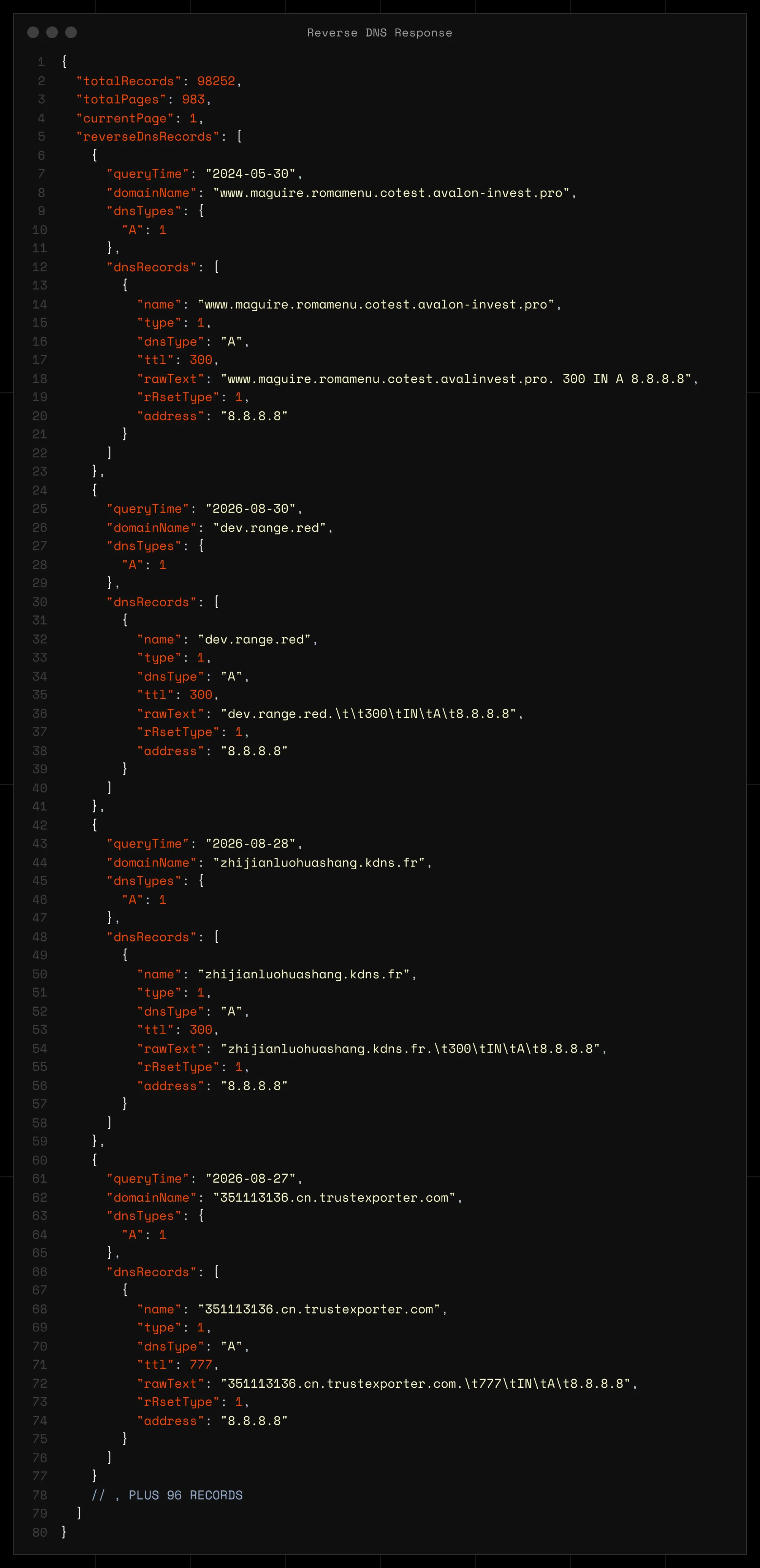 Terminal showing a reverse DNS API JSON response with totalRecords, totalPages and matched domain names