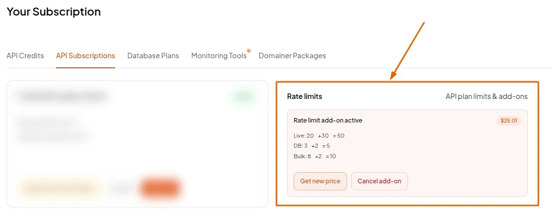 Rate limits card showing an active add-on with live, DB and bulk lines as base plus increment equals total