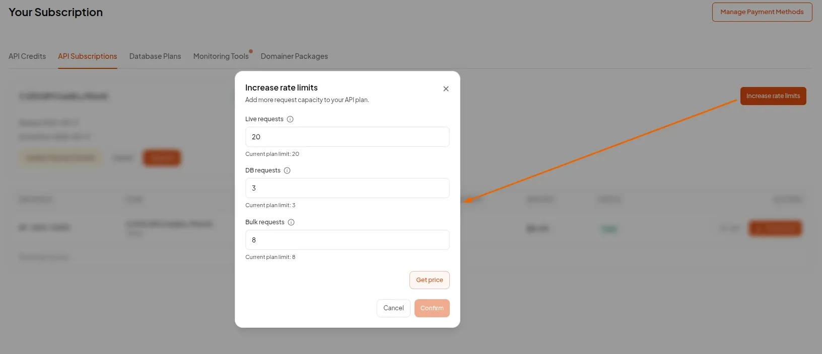 Increase rate limits dialog with Live, DB and Bulk requests per minute fields at their plan defaults
