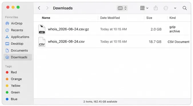 macOS Finder window showing a compressed csv.gz file next to the larger extracted csv file after double-clicking 