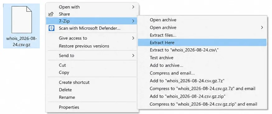 Windows right-click menu on a csv.gz file with the 7-Zip submenu open and Extract Here highlighted