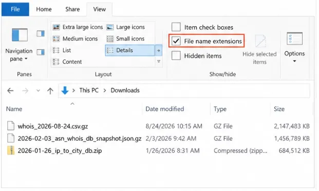 Windows File Explorer View menu with the File name extensions checkbox being enabled
