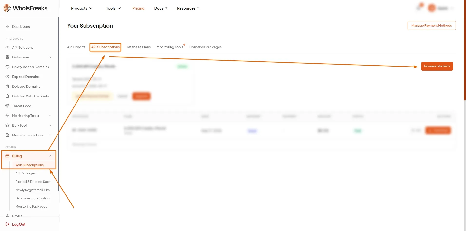 Your Subscription page on the API Subscriptions tab with the plan card beside the Rate limits card